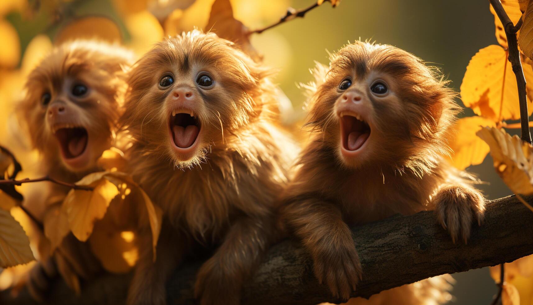 ai generiert süß Affe spielen auf Baum Ast im Herbst Wald generiert durch ai foto