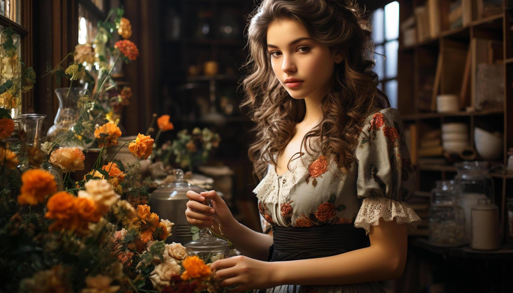 ai generiert ein zuversichtlich Frau, lächelnd, halten ein Blume, Stehen im ein Blume Geschäft generiert durch ai foto