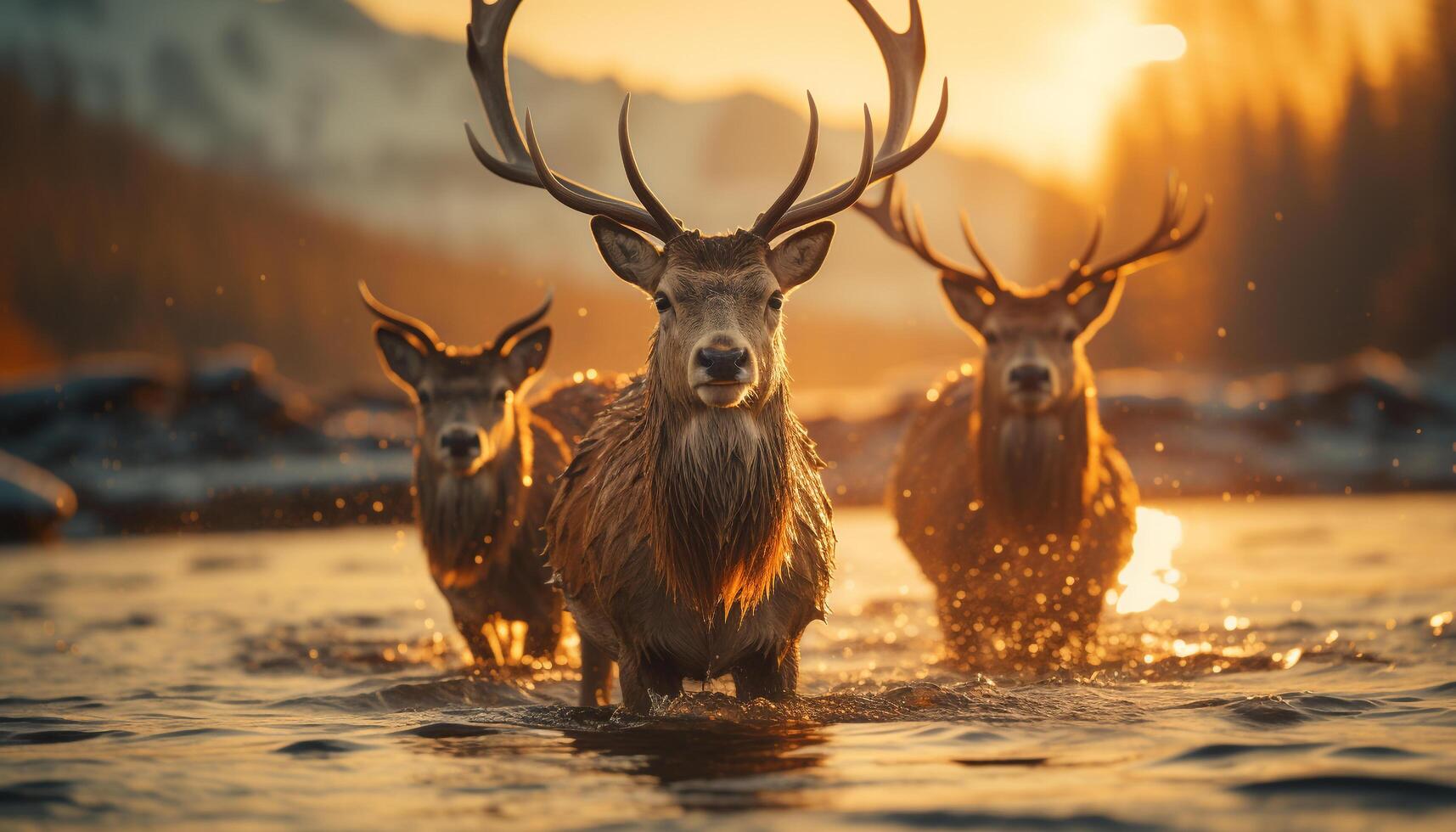 ai generiert süß Hirsch im Winter Wald, suchen beim Betrachtung im Wasser generiert durch ai foto