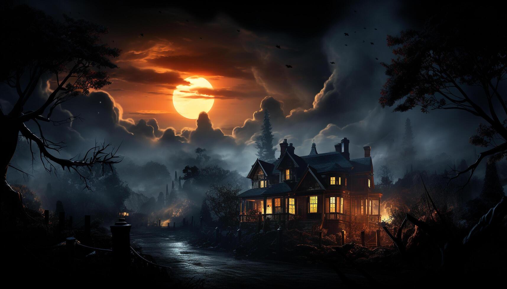 ai generiert gespenstisch Halloween Nacht dunkel Grusel, böse Baum, mysteriös Nebel generiert durch ai foto