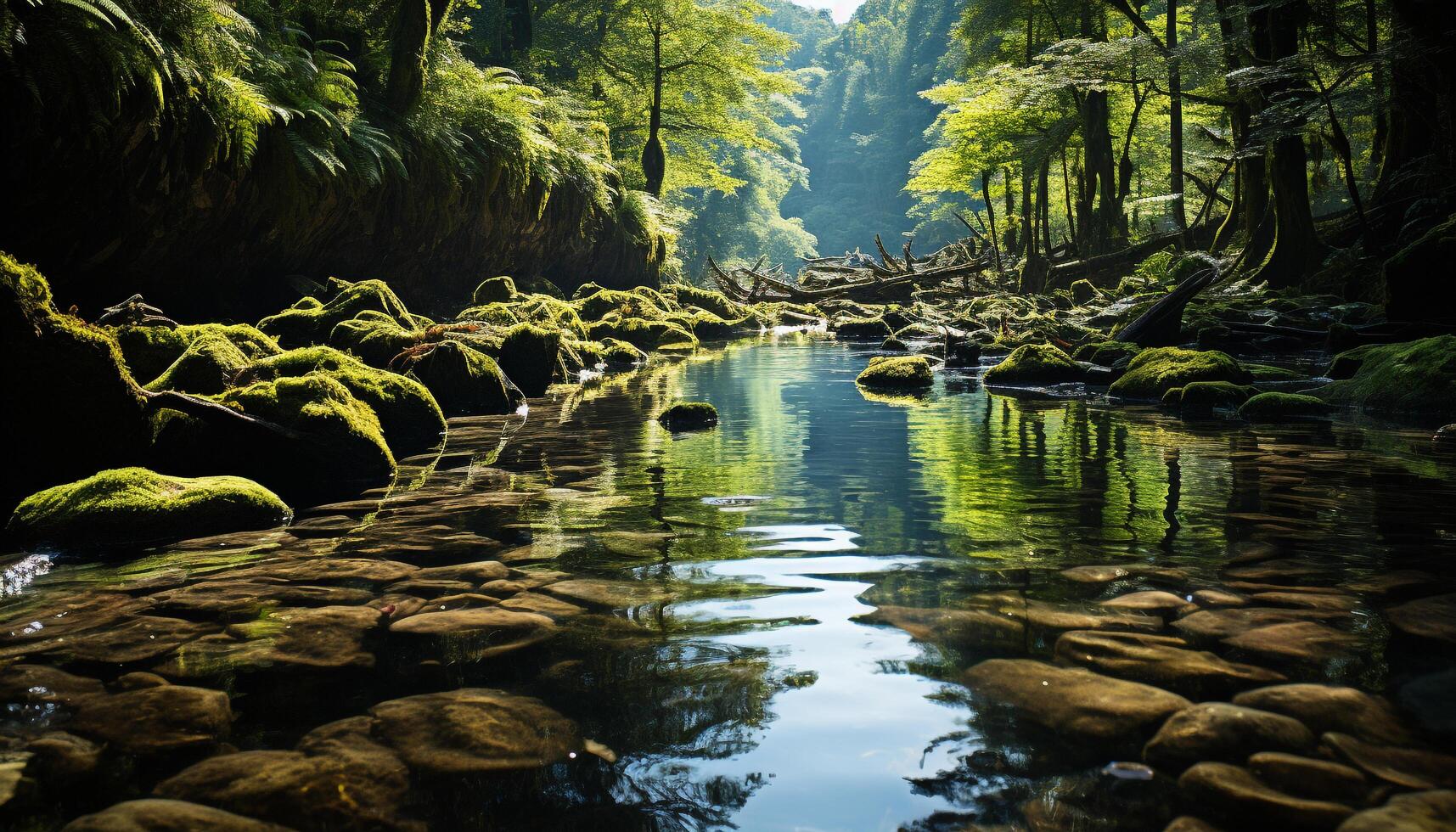 ai generiert still Szene Grün Bäume reflektieren im fließend Wasser, Natur Schönheit generiert durch ai foto