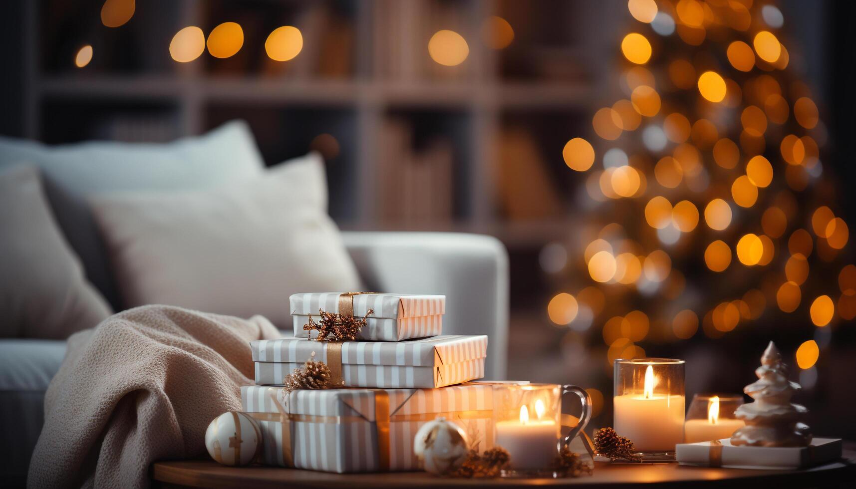 ai generiert gemütlich Winter Feier Geschenk Kasten, Kerze, beleuchtet Baum, komfortabel Sofa generiert durch ai foto