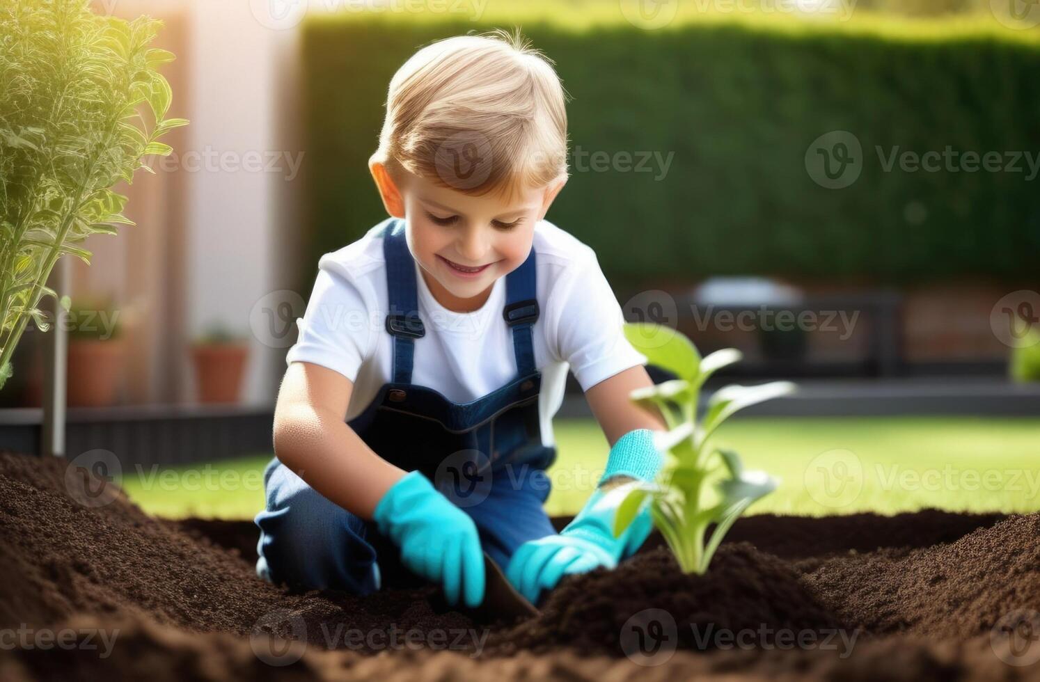 ai generiert Laube Tag, ein jung Baum wächst aus von das Boden, Pflanzen Pflanzen, ein klein europäisch Kind Pflanzen ein Baum, ein Junge im Gummi Handschuhe, Frühling, sonnig Tag foto