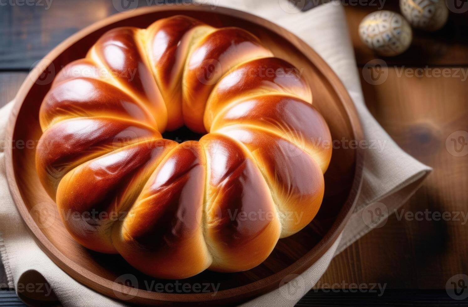 ai generiert Ostern, Ostern Nachtisch, traditionell Ostern Gebäck, National griechisch Kuchen Tsureki, Süss Brot Koreanisch, Panaret, kozunak, hölzern Tabelle foto