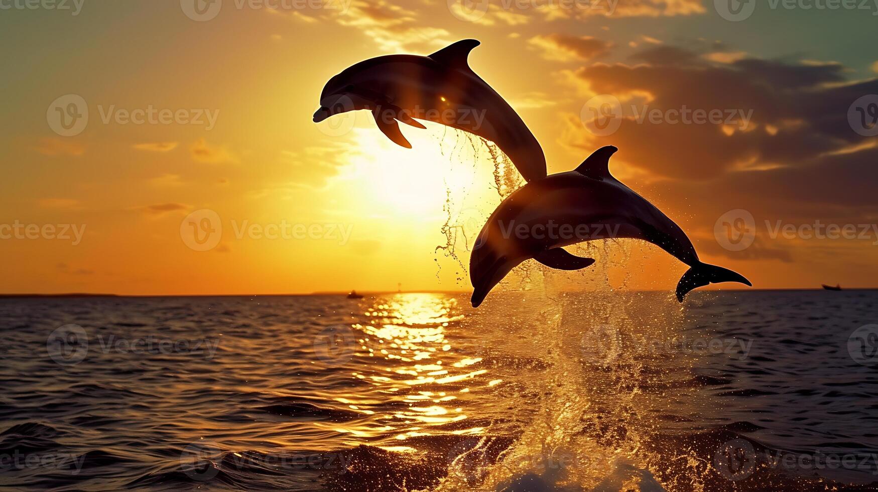 ai generiert zwei Delfine Springen aus von Wasser beim Sonnenuntergang. generativ ai. foto