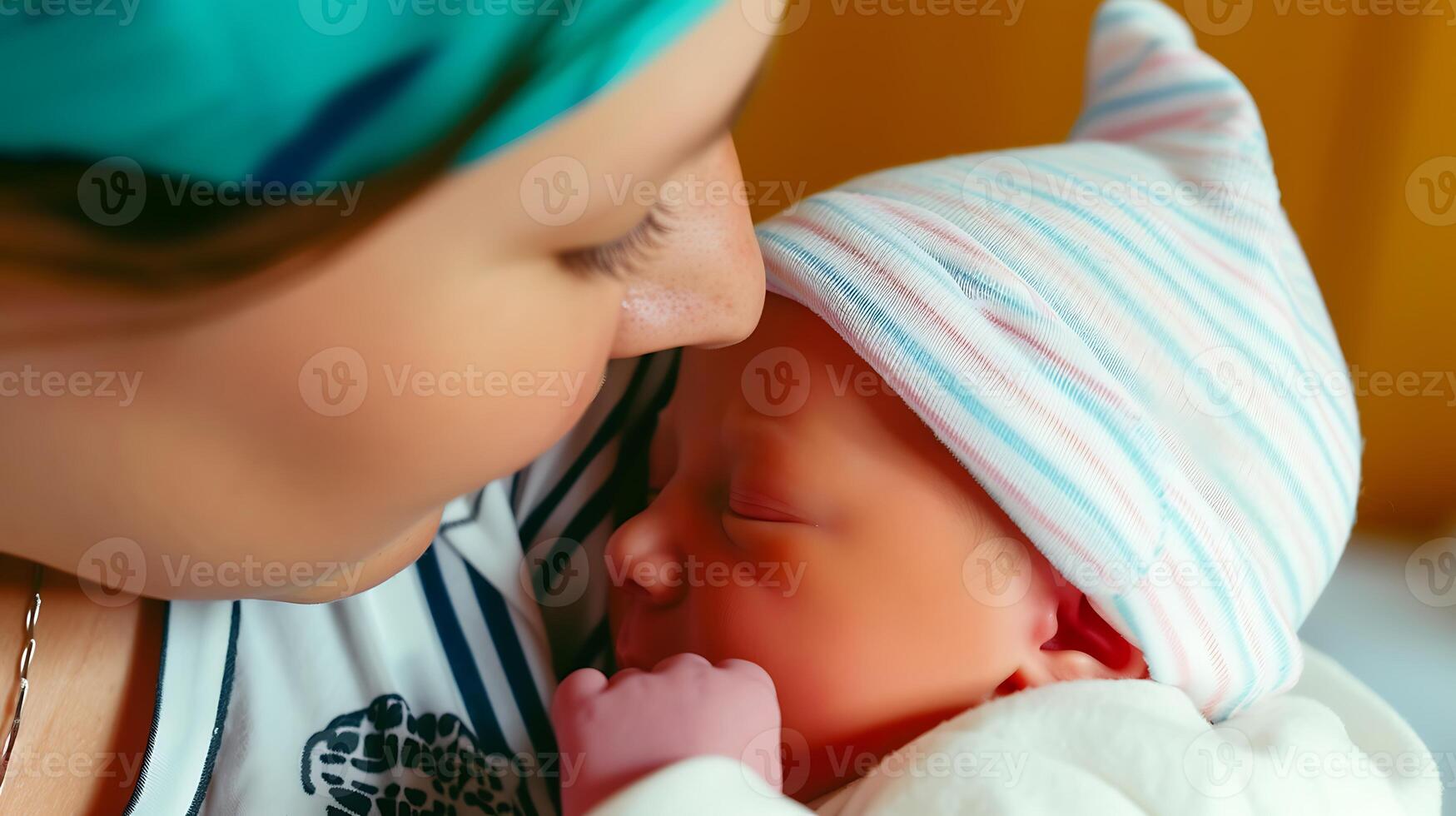 ai generiert Frau halten Baby im ihr Waffen. generativ ai. foto