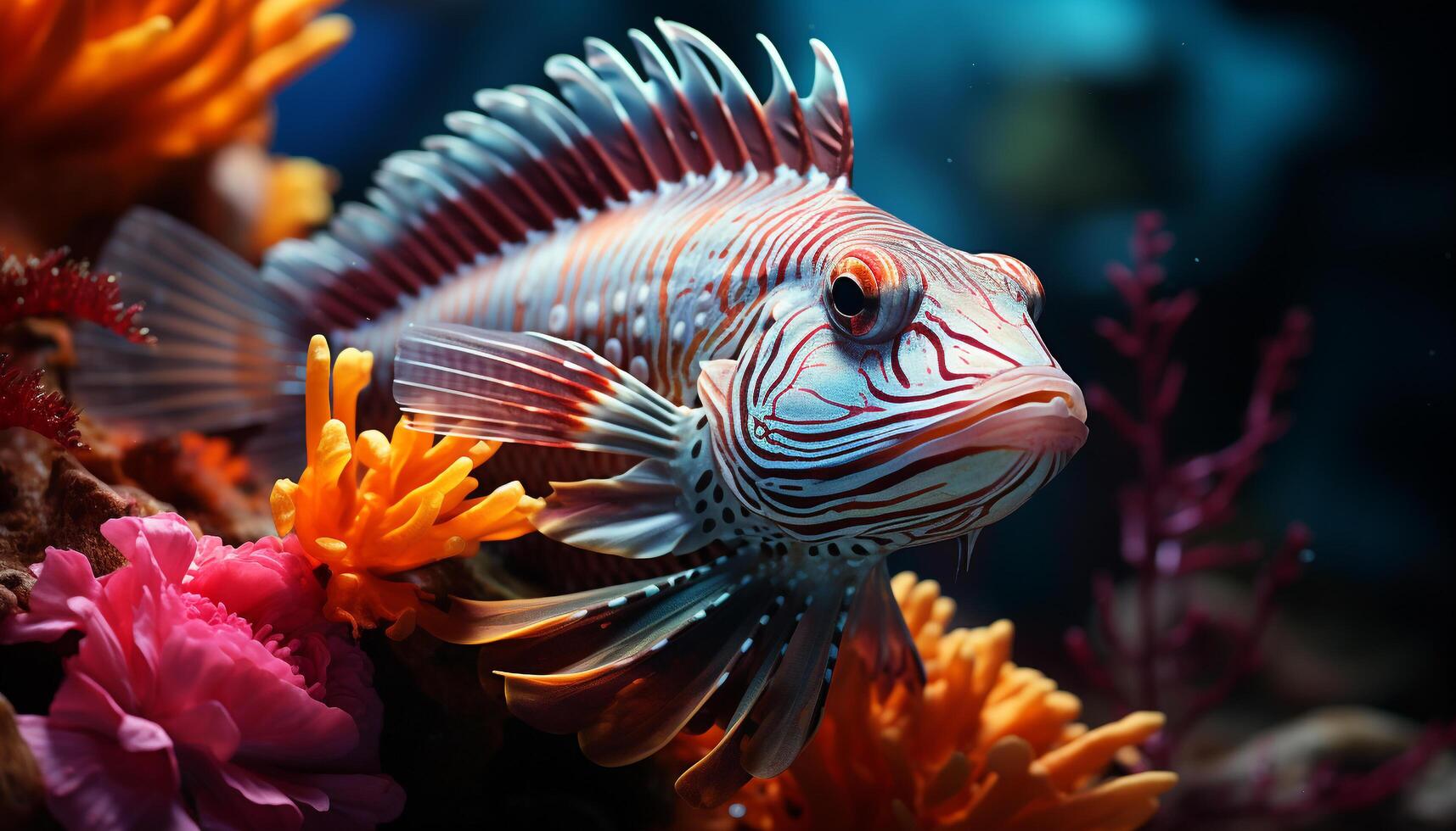 ai generiert beschwingt unter Wasser Schönheit bunt Fisch schwimmen im Koralle Riff generiert durch ai foto