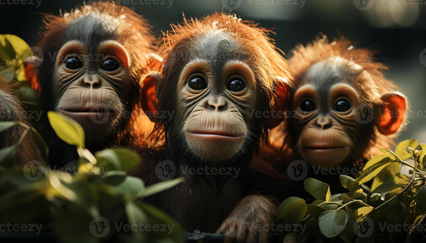 ai generiert süß Affe Familie im das tropisch Regenwald, suchen beim Kamera generiert durch ai foto