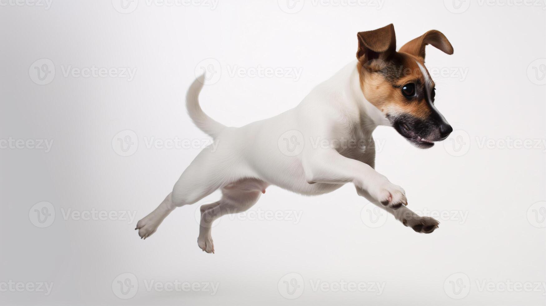 ai generiert ein Jack Russell Terrier Welpe freudig springen, einsam auf ein einfach Weiß Studio Hintergrund, ist abgebildet im diese herrlich Porträt. foto