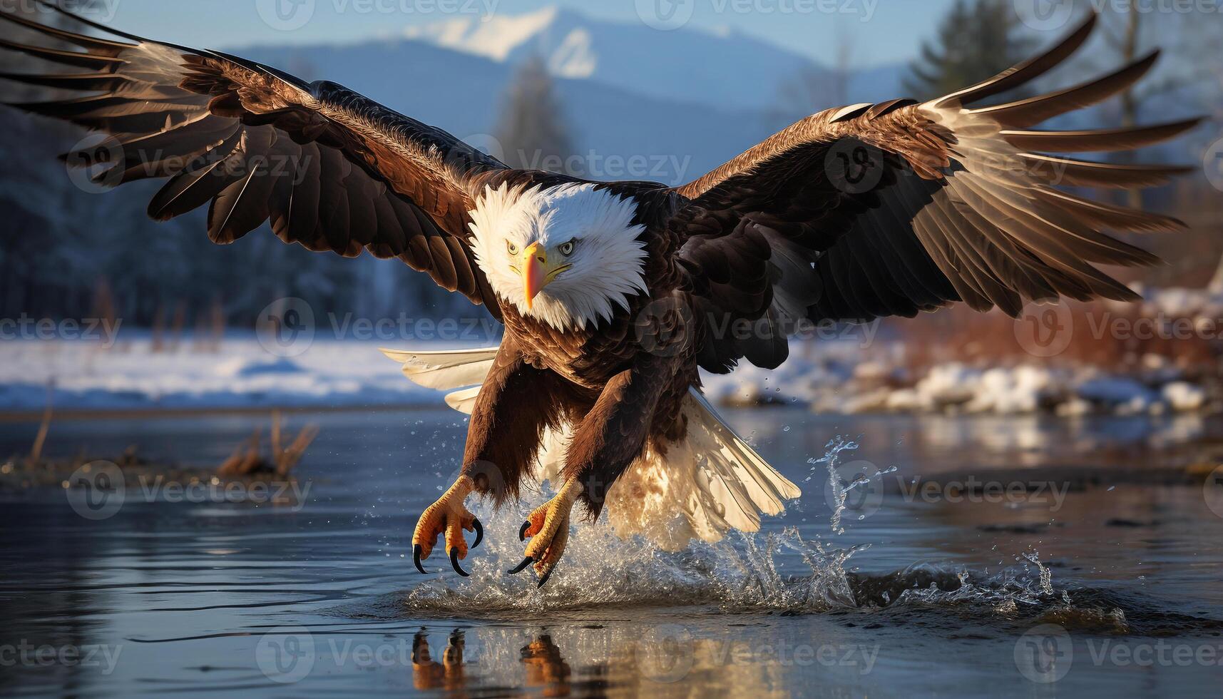 ai generiert kahl Adler hochfliegend, Erfassen Fisch, Anzeigen majestätisch Schönheit im Natur generiert durch ai foto