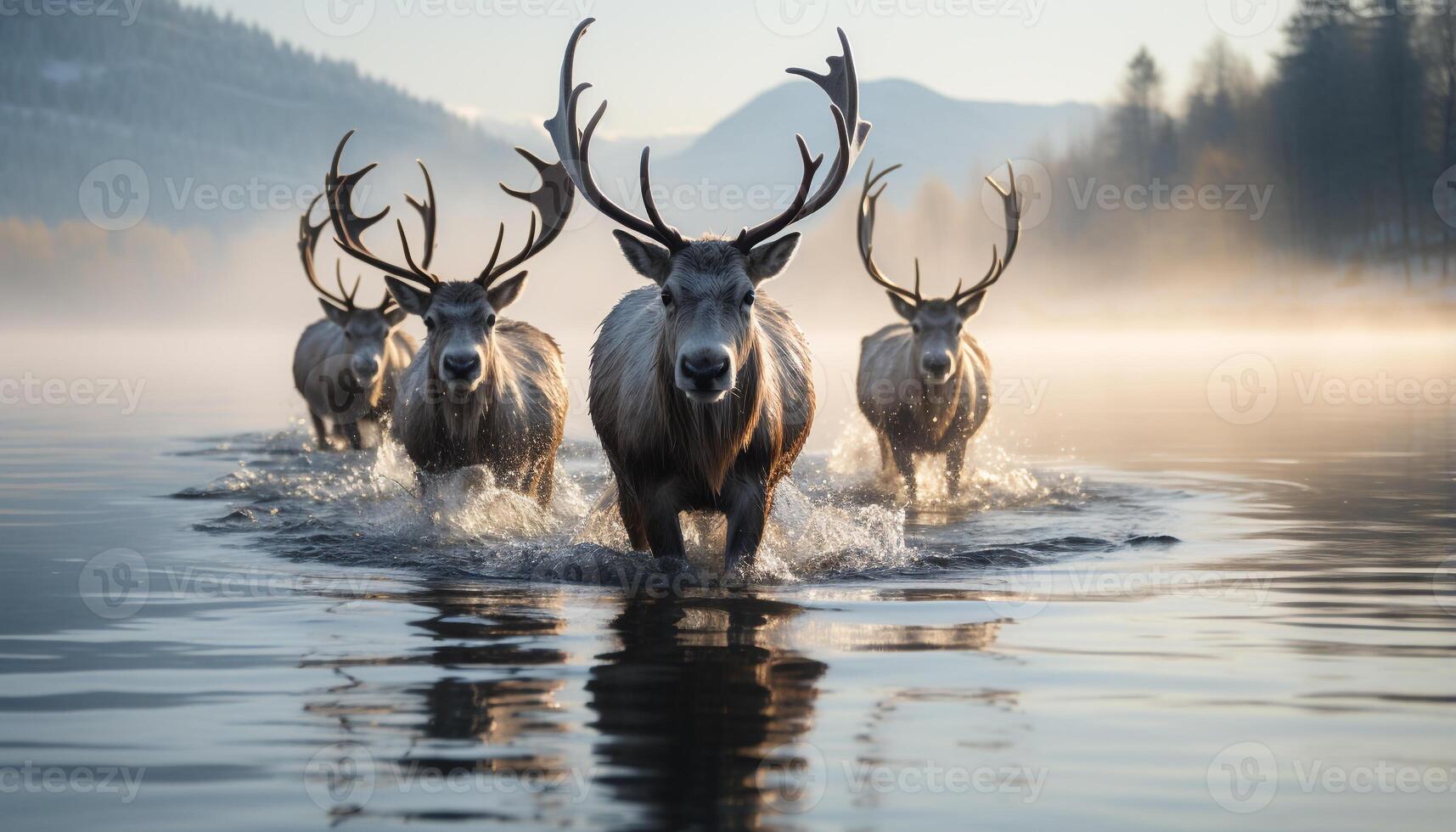 ai generiert still Szene Hirsch im Betrachtung, Natur Schönheit im Winter generiert durch ai foto