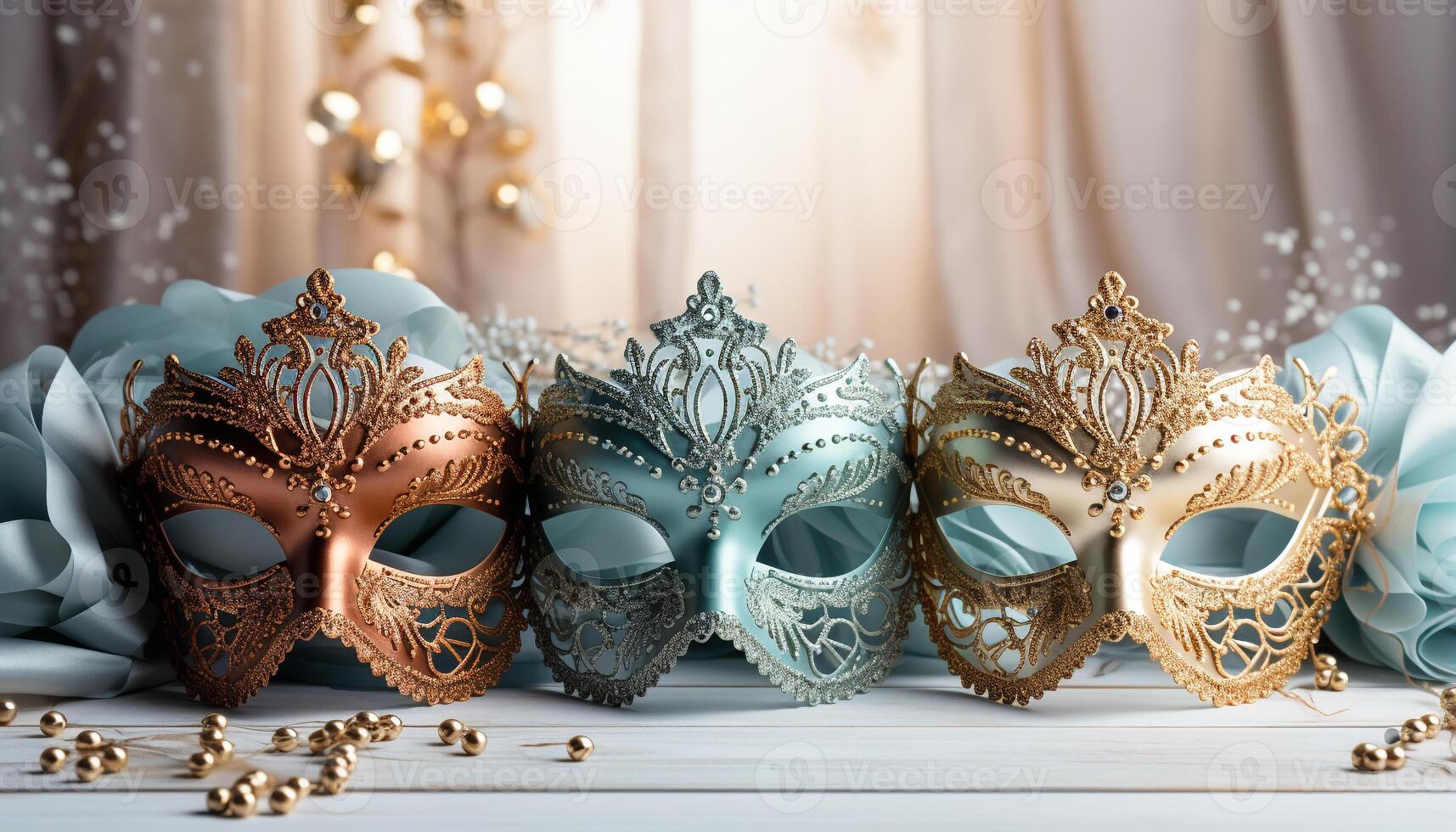 ai generiert elegant Gold Masken Verkleidung Tradition beim luxuriös Kostüm Feier generiert durch ai foto