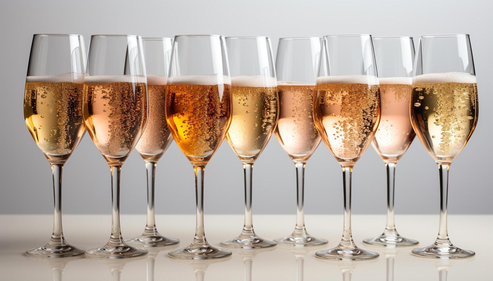 ai generiert Champagner Flöten im ein Reihe, ein Feier von Luxus generiert durch ai foto