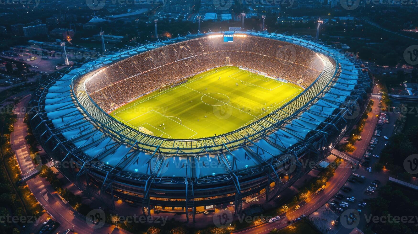 ai generiert Antenne Aussicht von ein Fußball Stadion im das Abend ein fesselnd Sport Panorama. Dämmerung locken, ai generiert. foto