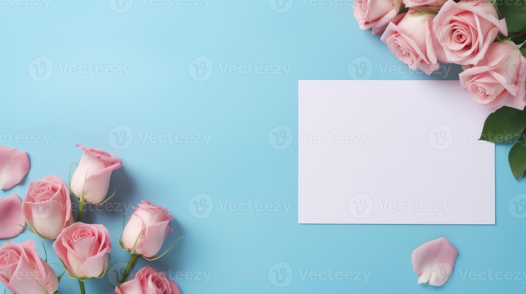 ai generiert heiter Komposition von Rosa Rosen und ein leer Karte auf Pastell- Blau. ai generiert foto