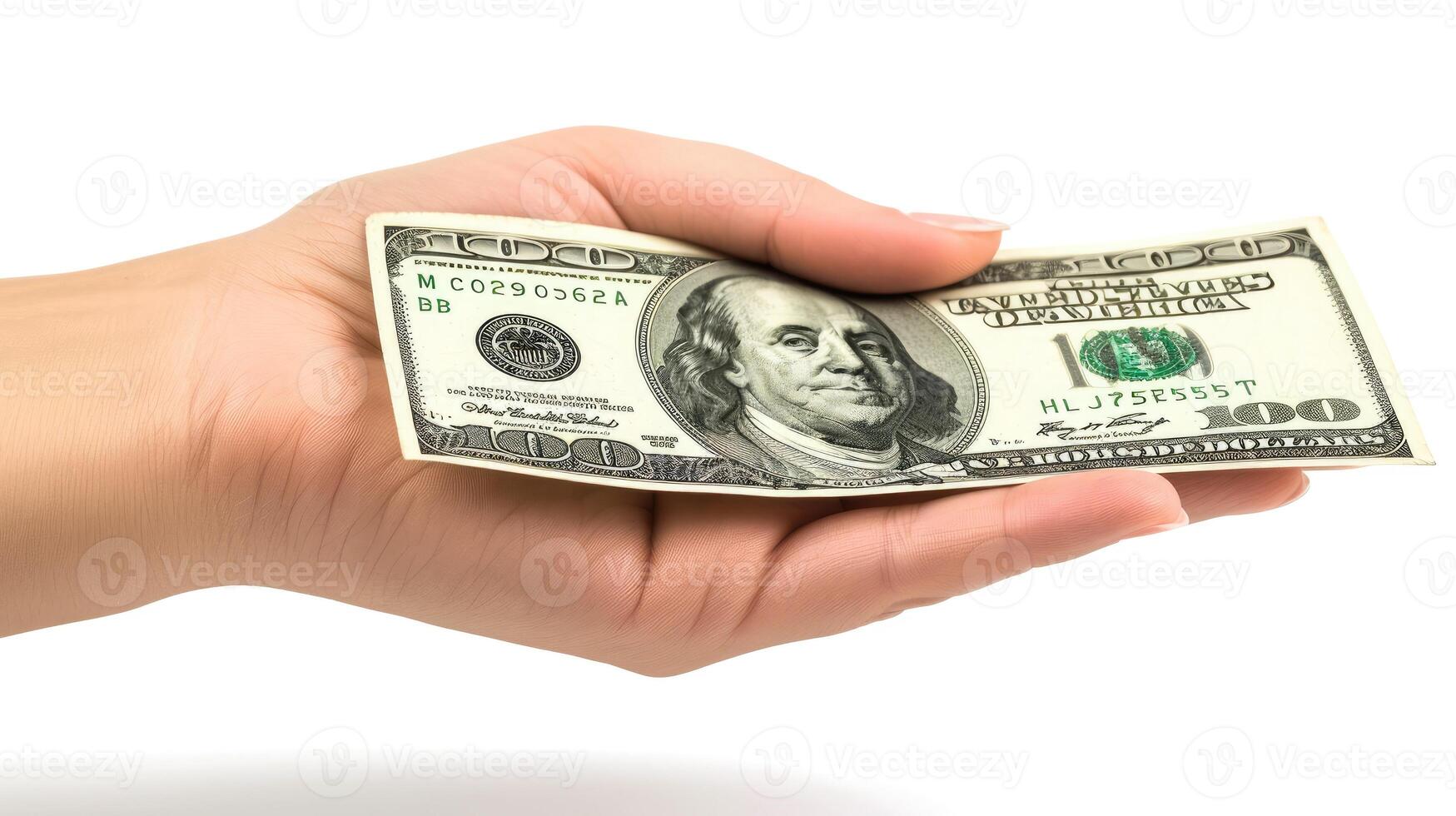 ai generiert Frau Hand hält Dollar auf Weiß Hintergrund, ai generiert. foto