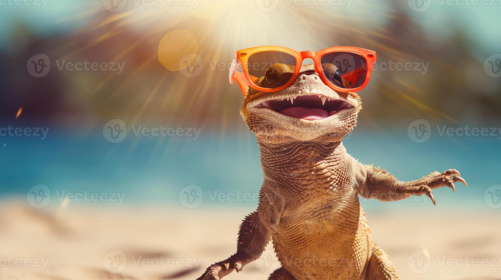 ai generiert Erfahrung das Intensität von ein Eidechse springen auf zu das Strand im ein atemberaubend Nahansicht Foto, ai generiert. foto