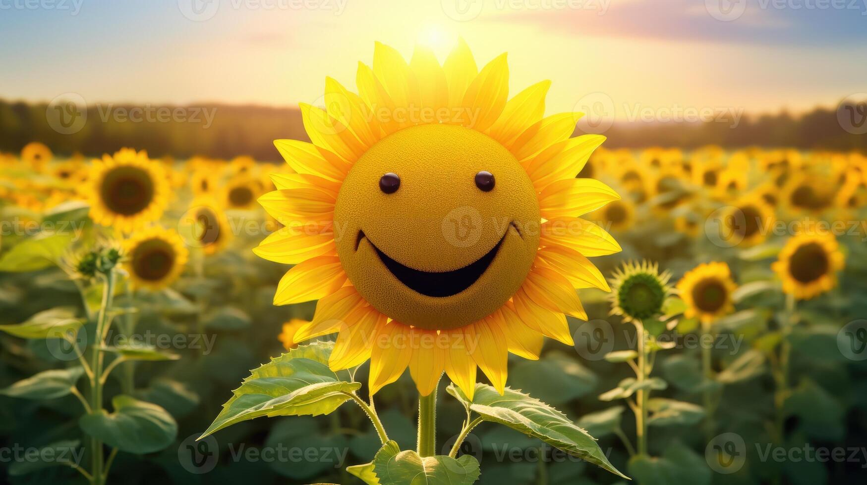ai generiert ein strahlend Sonnenblume Anteile es ist lächeln, Hinzufügen Glanz zu ein heiter Feld Szene. ai generiert. foto