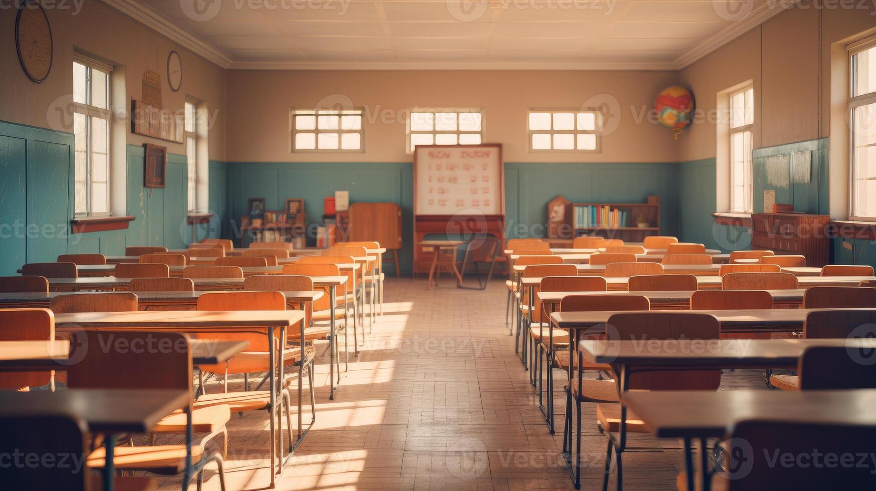 ai generiert verwüsten Klassenzimmer, leeren Sitze, symbolisieren zurück zu Schule. ai generiert. foto