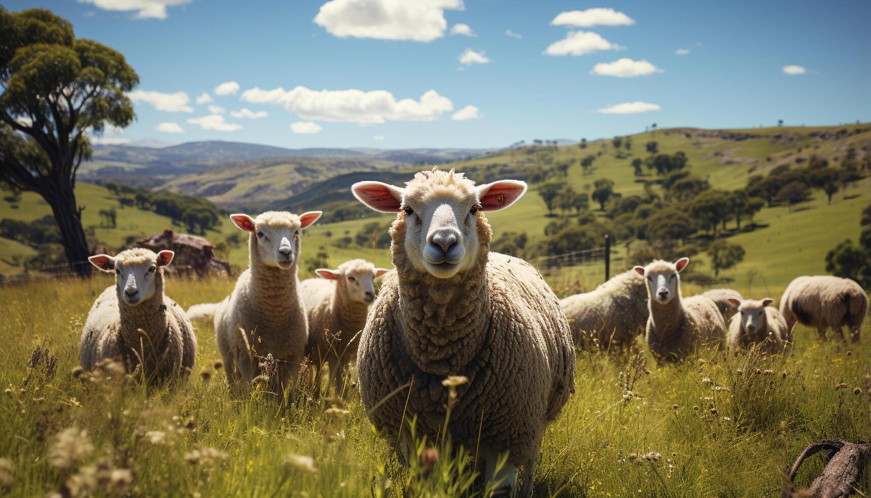 ai generiert süß Tiere Weiden lassen auf Grün Wiese unter Blau Himmel generiert durch ai foto