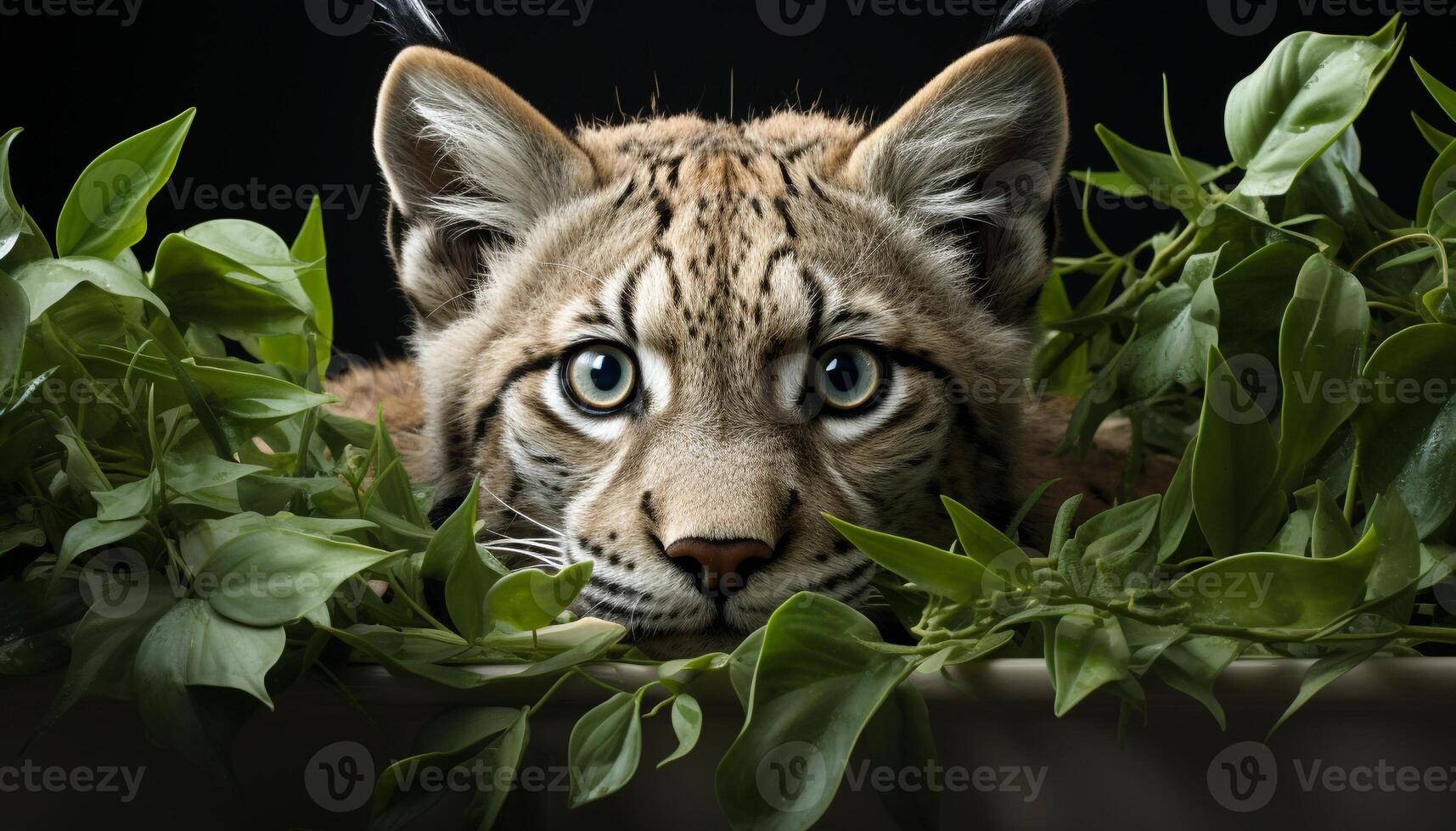 ai generiert schließen oben von ein süß Tiger Jungtier starren, versteckt im das Gras generiert durch ai foto