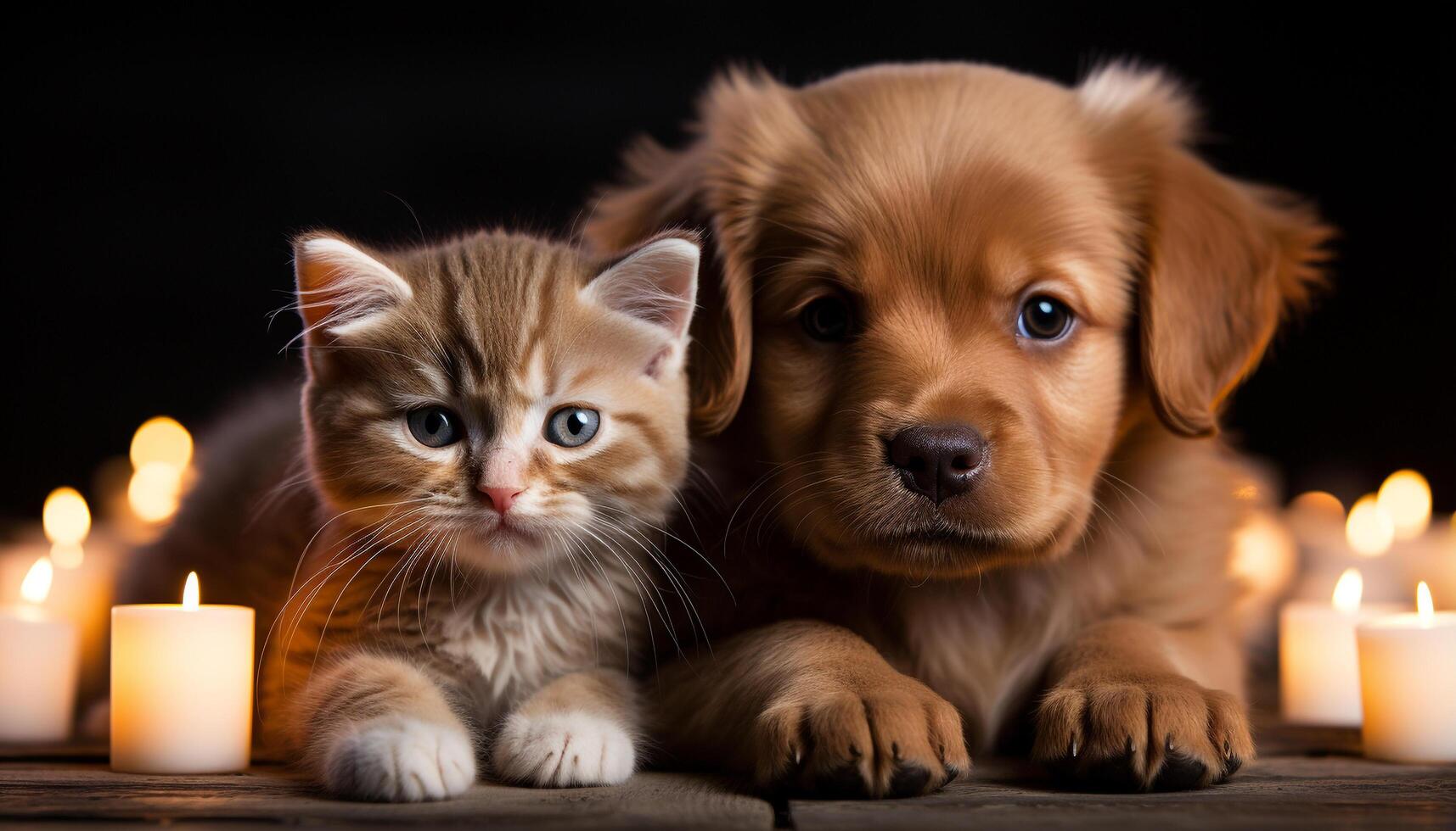 ai generiert süß Hündchen und Kätzchen Sitzung, spielen, starren, flauschige, bezaubernd Freundschaft generiert durch ai foto