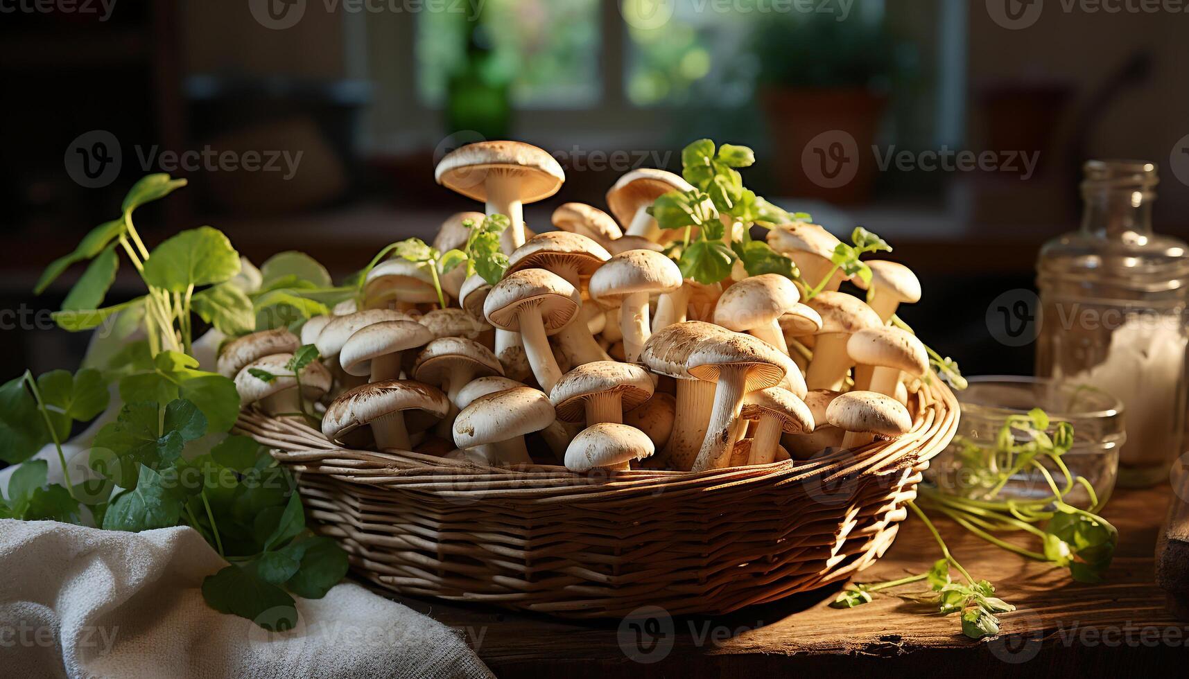 ai generiert Frische von organisch essbar Pilze im ein Korbweide Korb, Herbst Jahreszeit generiert durch ai foto