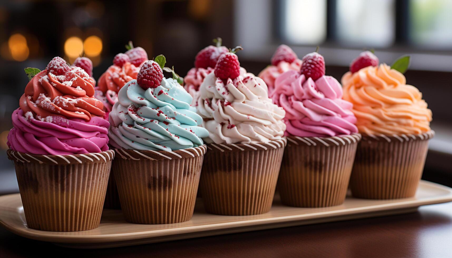 ai generiert hausgemacht Cupcakes mit ausgepeitscht Sahne und bunt Dekorationen auf Holz generiert durch ai foto