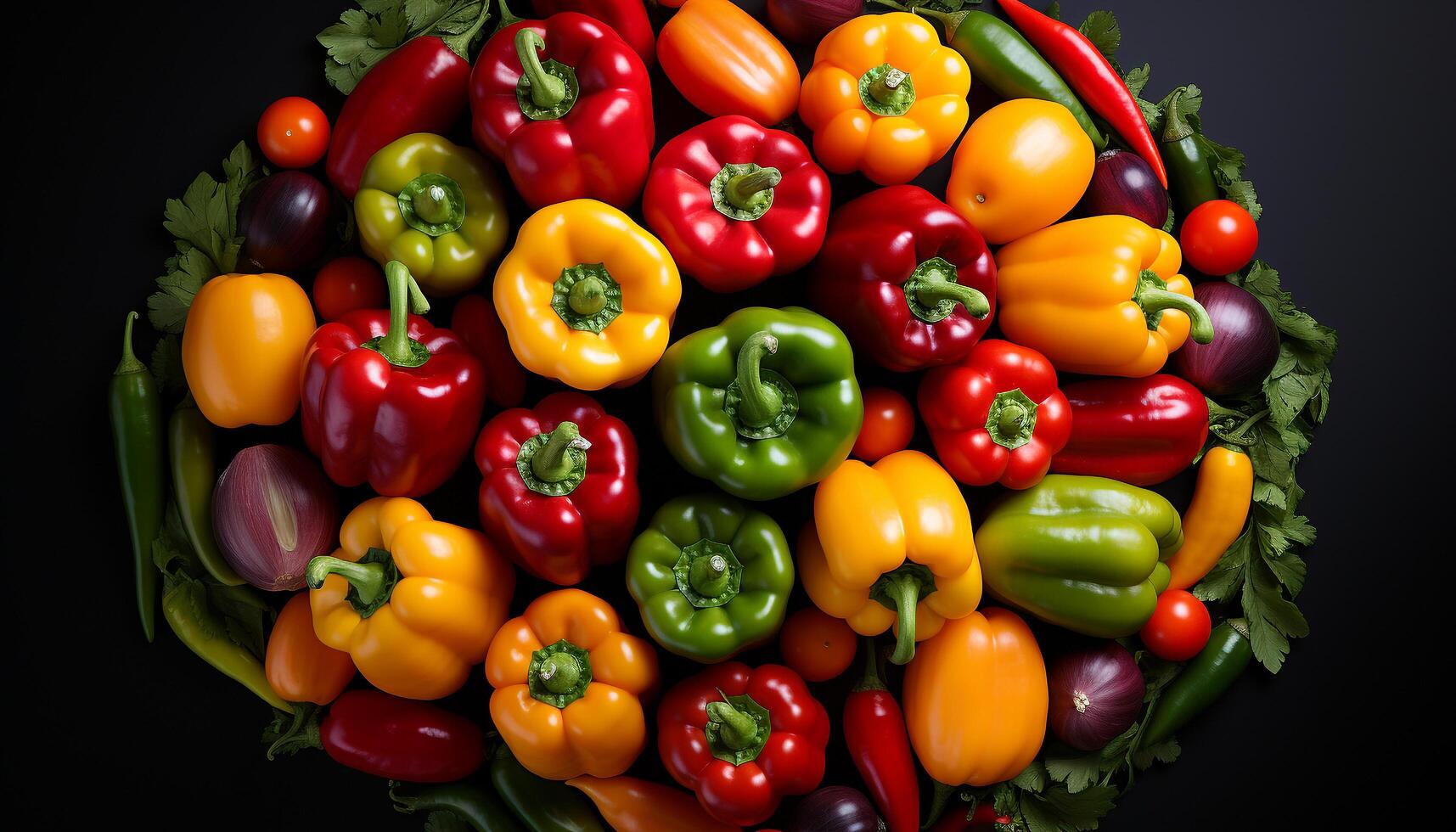 ai generiert frisch, gesund, organisch Gemüse Glocke Pfeffer, Tomaten, Zwiebeln, Gurke generiert durch ai foto