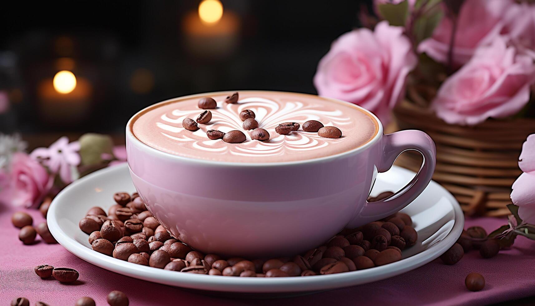 ai generiert aromatisch Kaffee, cremig Schokolade, frisch Blume perfekt Tabelle Rahmen generiert durch ai foto