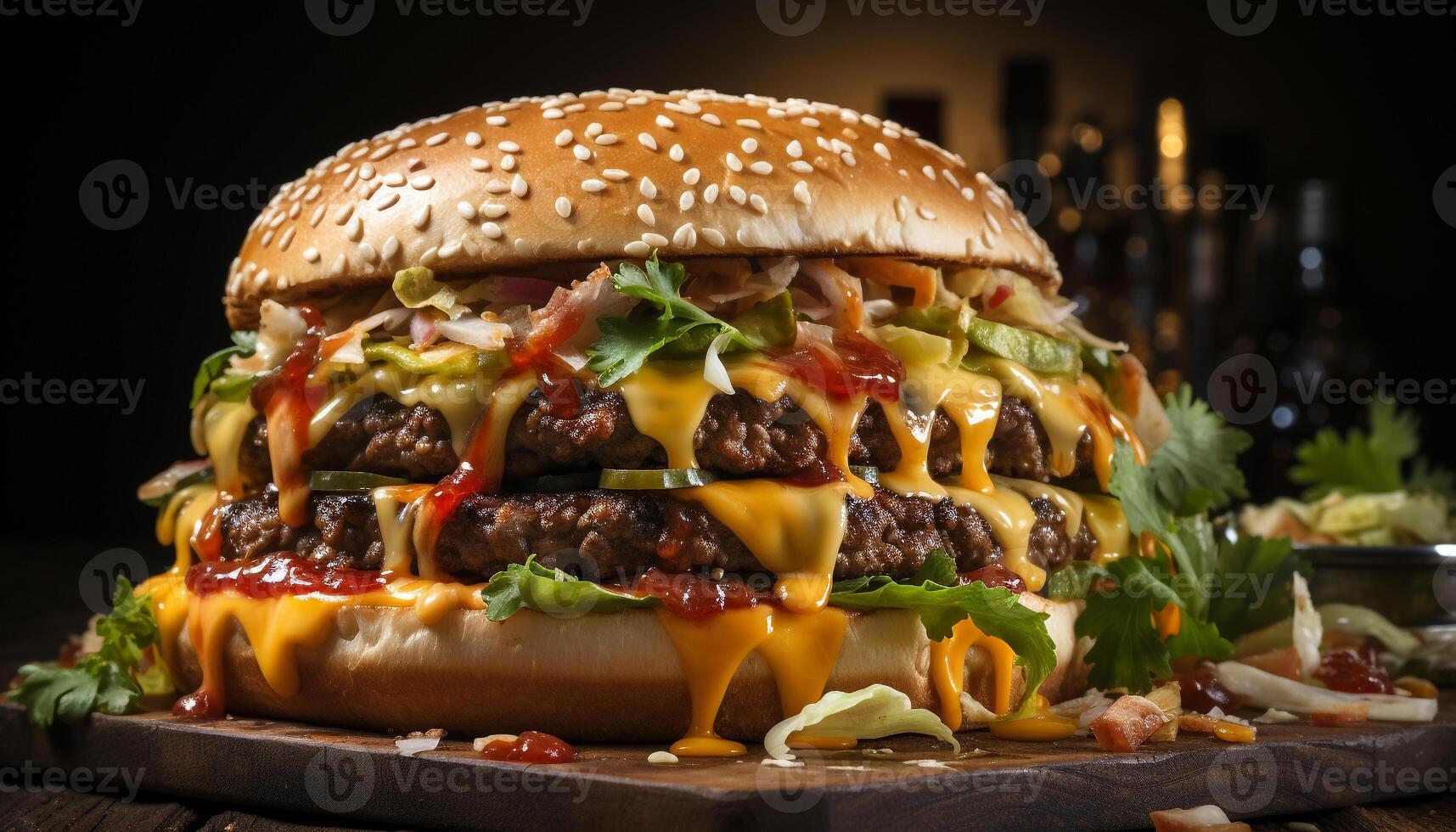 ai generiert gegrillt Burger auf Brötchen, Käse schmelzen, bereit zu Essen Frische generiert durch ai foto