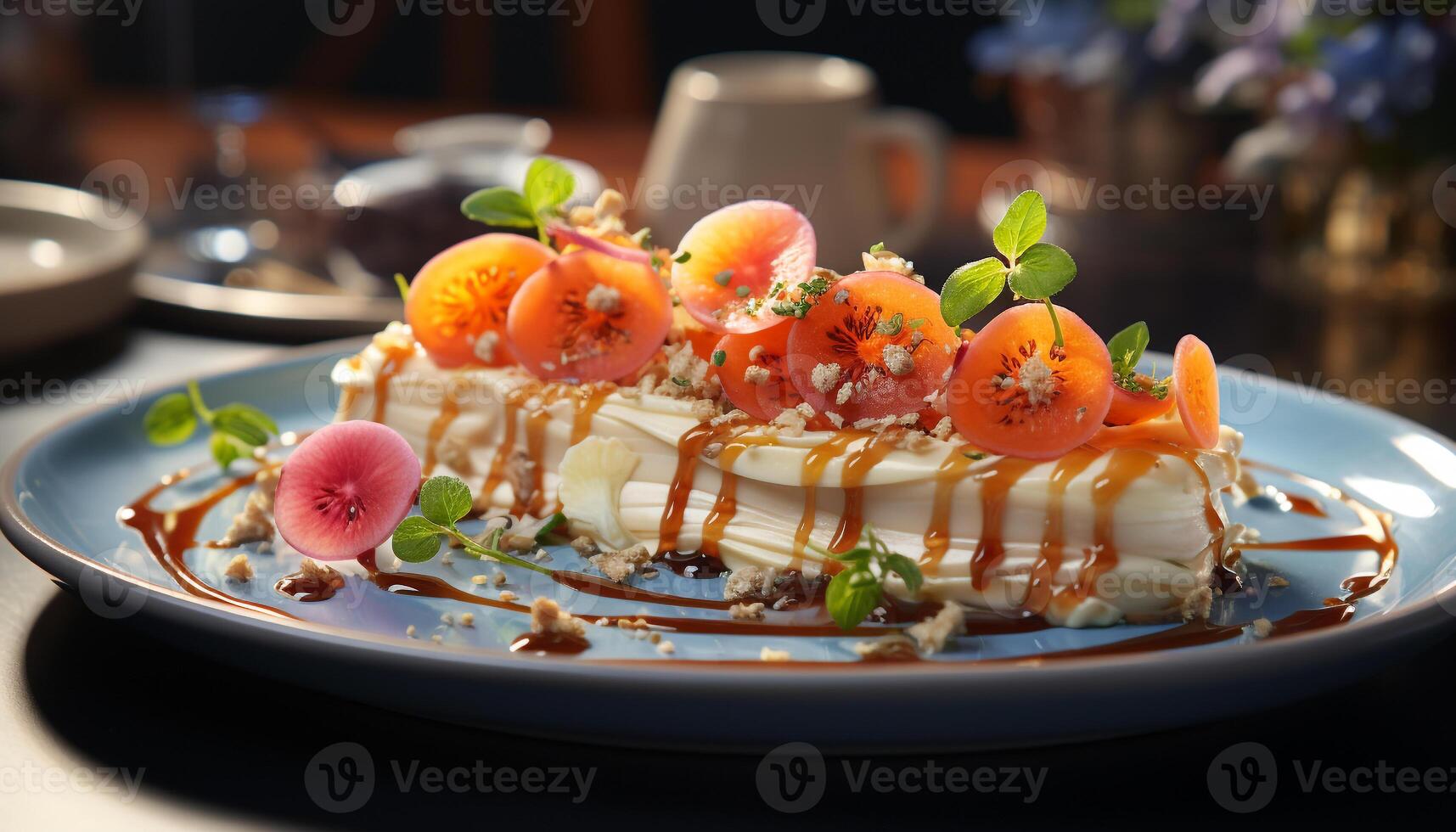 ai generiert Frische auf Teller Gourmet Nachtisch, Süss Essen, gesund Essen generiert durch ai foto