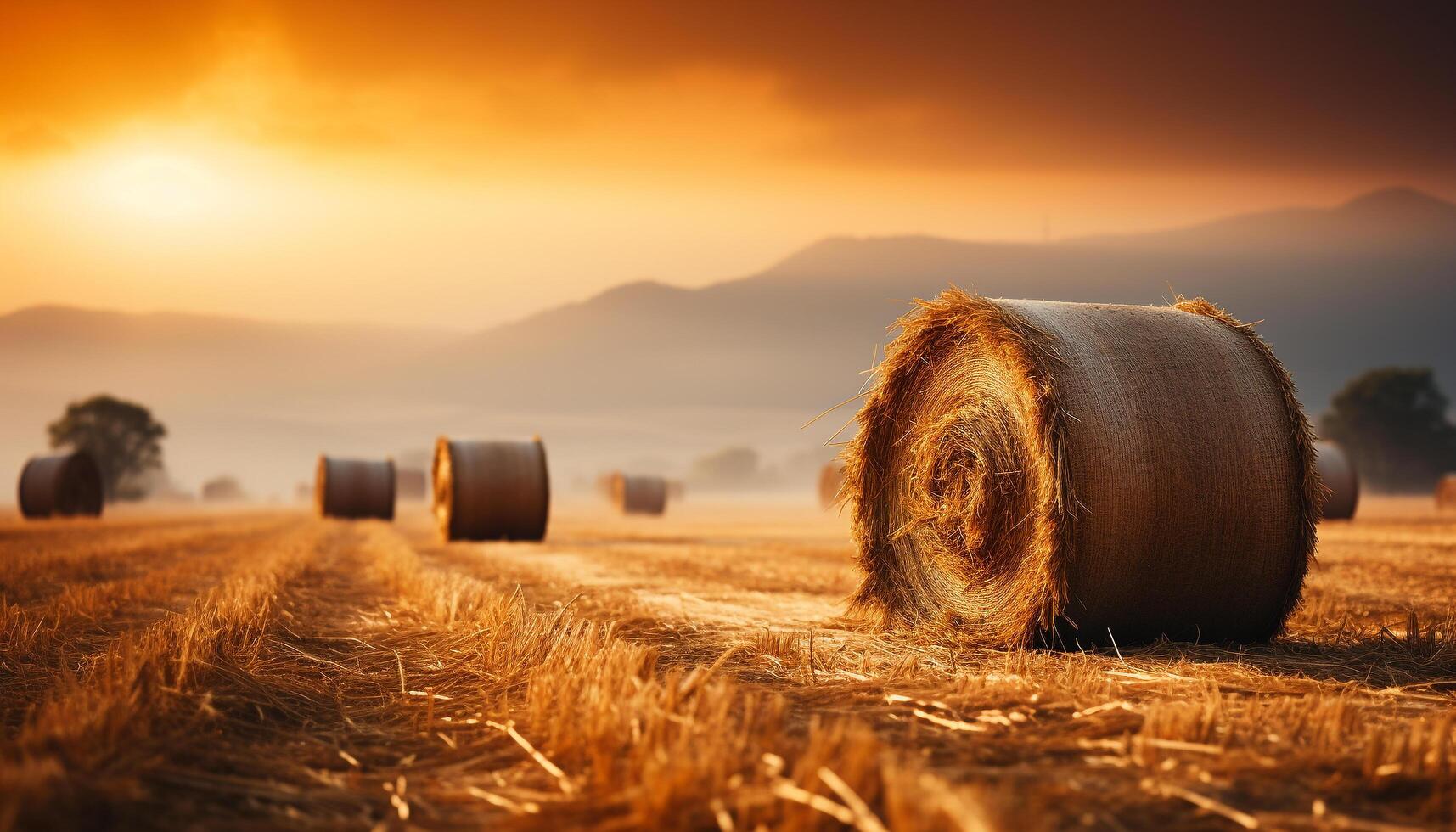 ai generiert Sonnenuntergang Über ländlich Bauernhof, golden Weizen geerntet im Wiese generiert durch ai foto