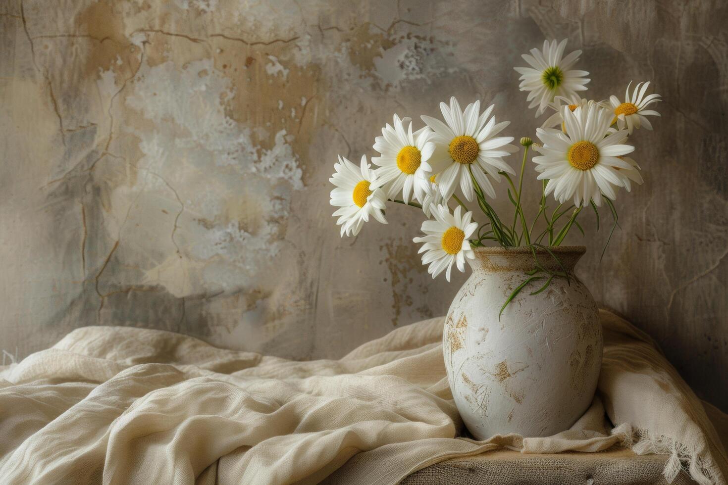 ai generiert Gänseblümchen Blumen im ein Vase auf Jahrgang Hintergrund foto