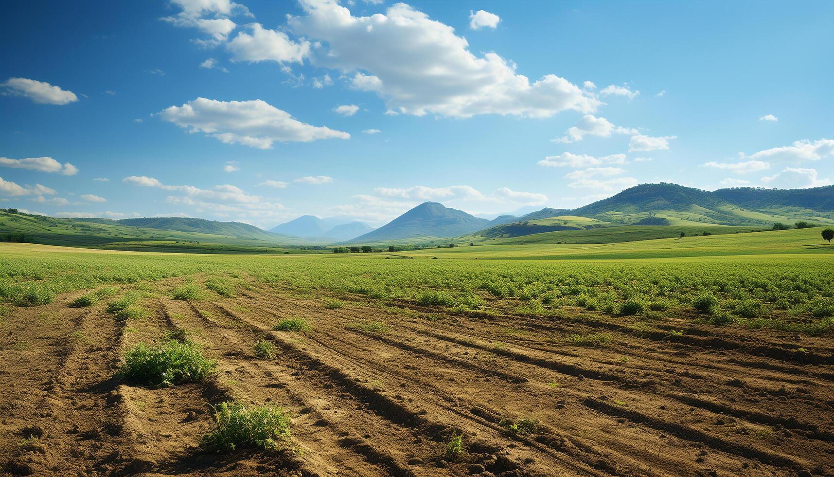 ai generiert still Szene Grün Wiese, Berg Bereich, Blau Himmel generiert durch ai foto