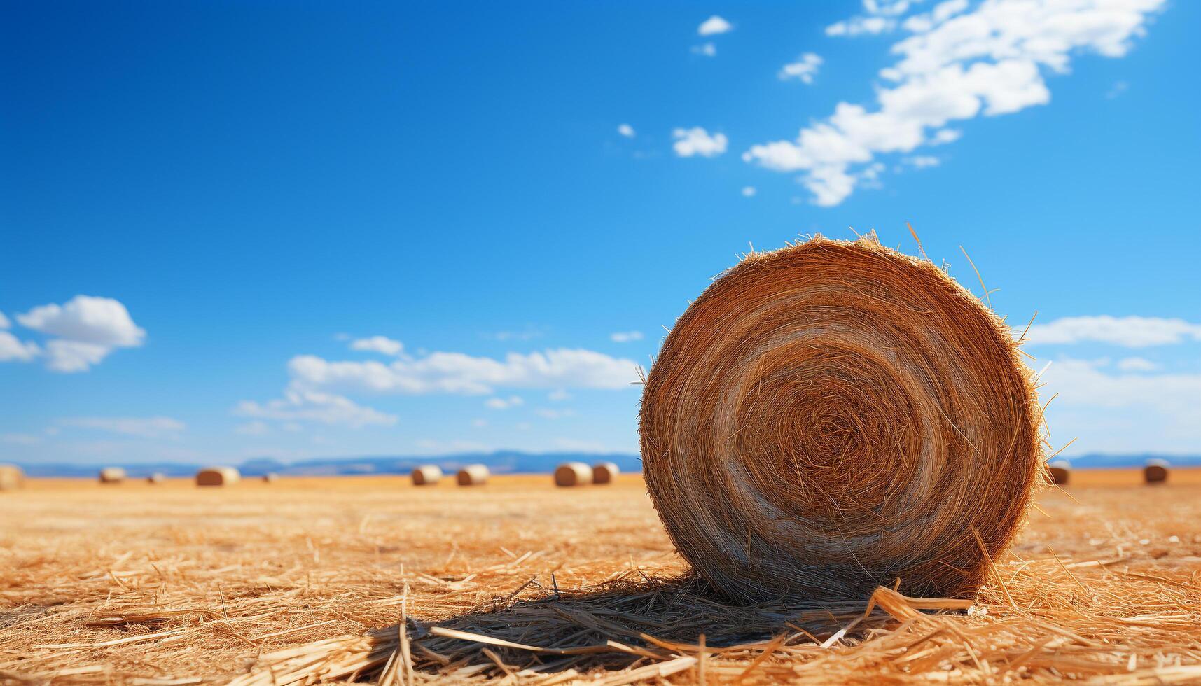 ai generiert ländlich Bauernhof, Heuhaufen gerollt hoch, Natur golden Ernte generiert durch ai foto