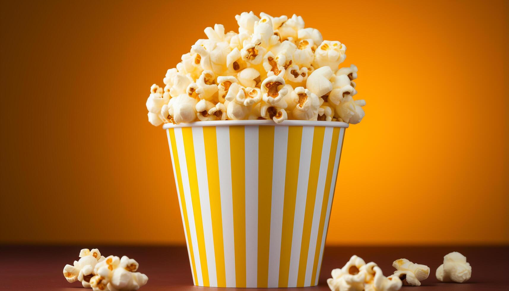 ai generiert ein gestreift Eimer von Popcorn, ein Gelb Schüssel von Süßigkeiten generiert durch ai foto