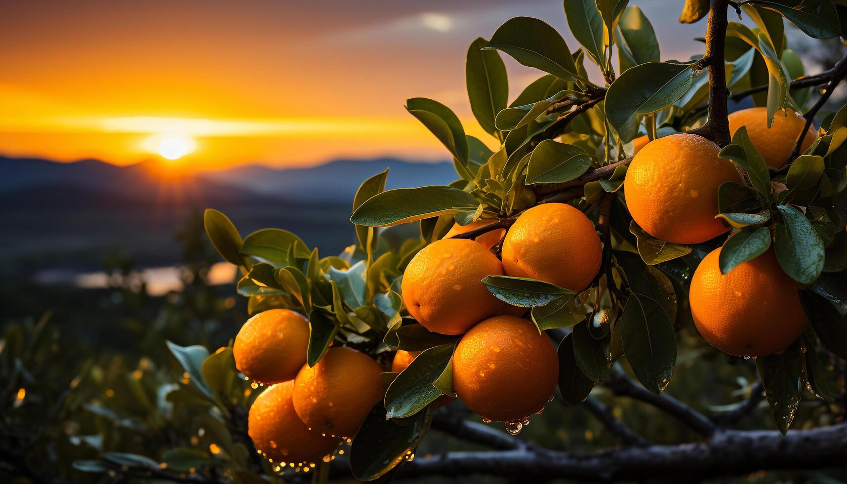 ai generiert frisch Orange Obst auf Baum im beschwingt Sonnenuntergang Landschaft generiert durch ai foto