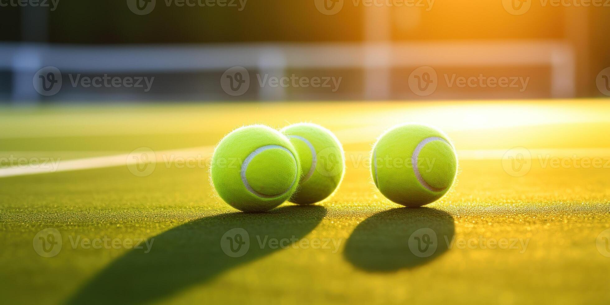 ai generiert Sommer- Tennis Spiel. Nahansicht Ball auf Tennis Gericht. aktiv Lebensstil Konzept mit Kopieren Raum foto