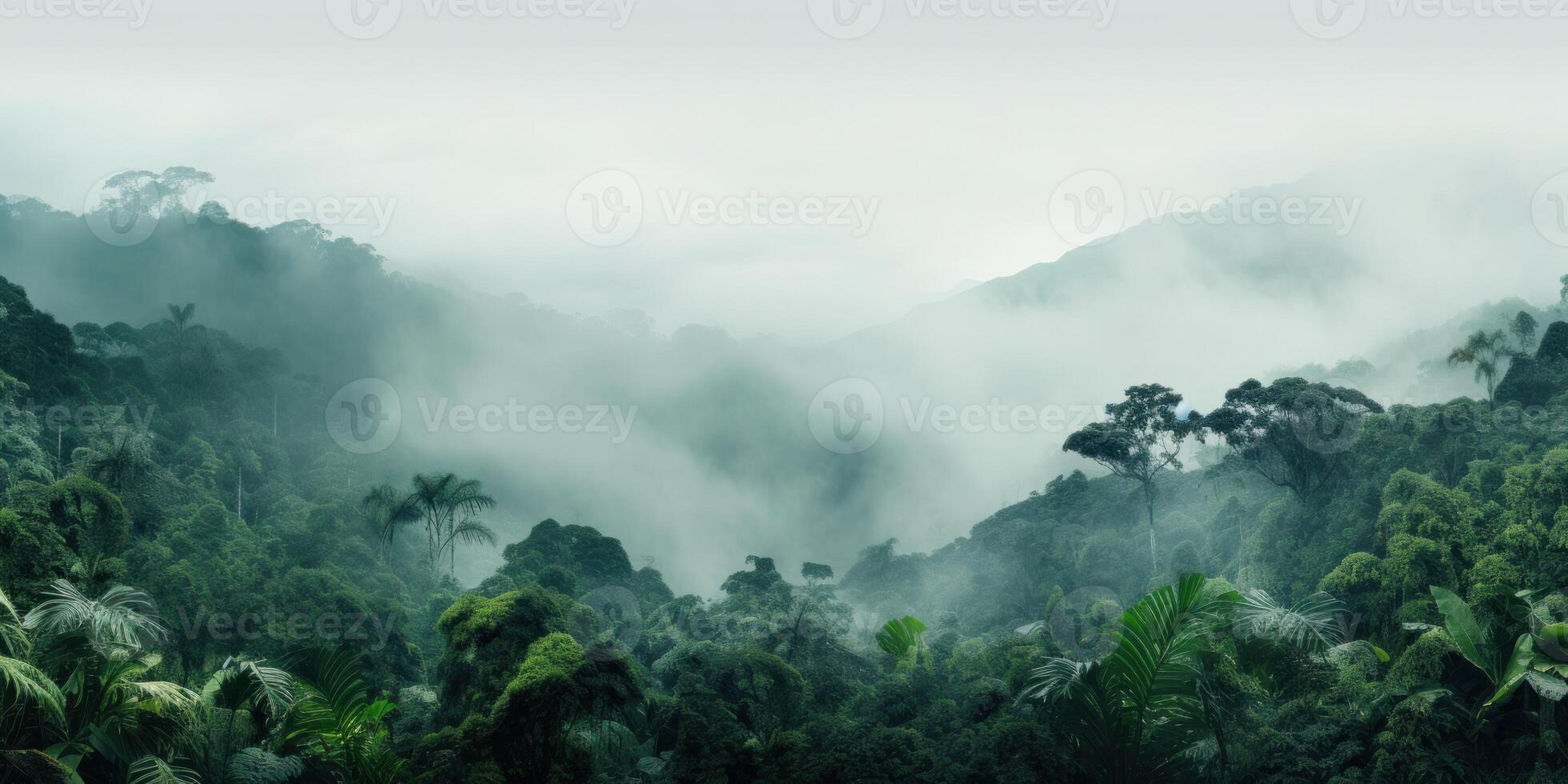 ai generiert Wald Nebel Über das Grün tropisch Überdachung. früh neblig Regenwald Landschaft. generativ ai foto