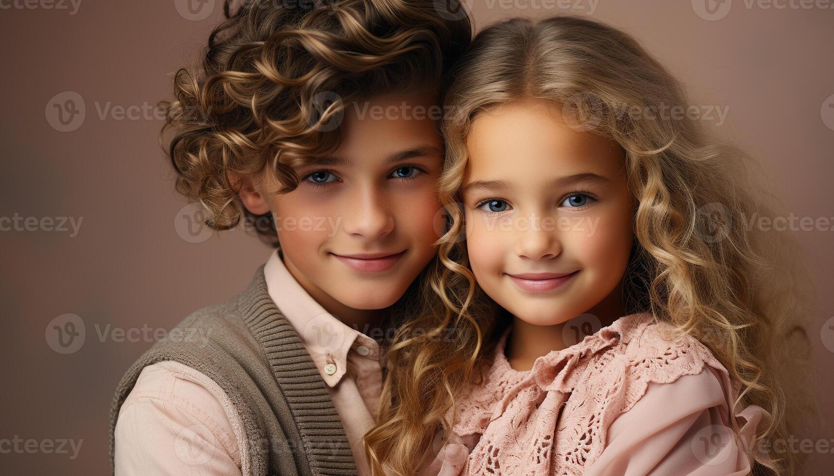 ai generiert zwei lächelnd kaukasisch Kinder umarmen, suchen beim Kamera mit Liebe generiert durch ai foto