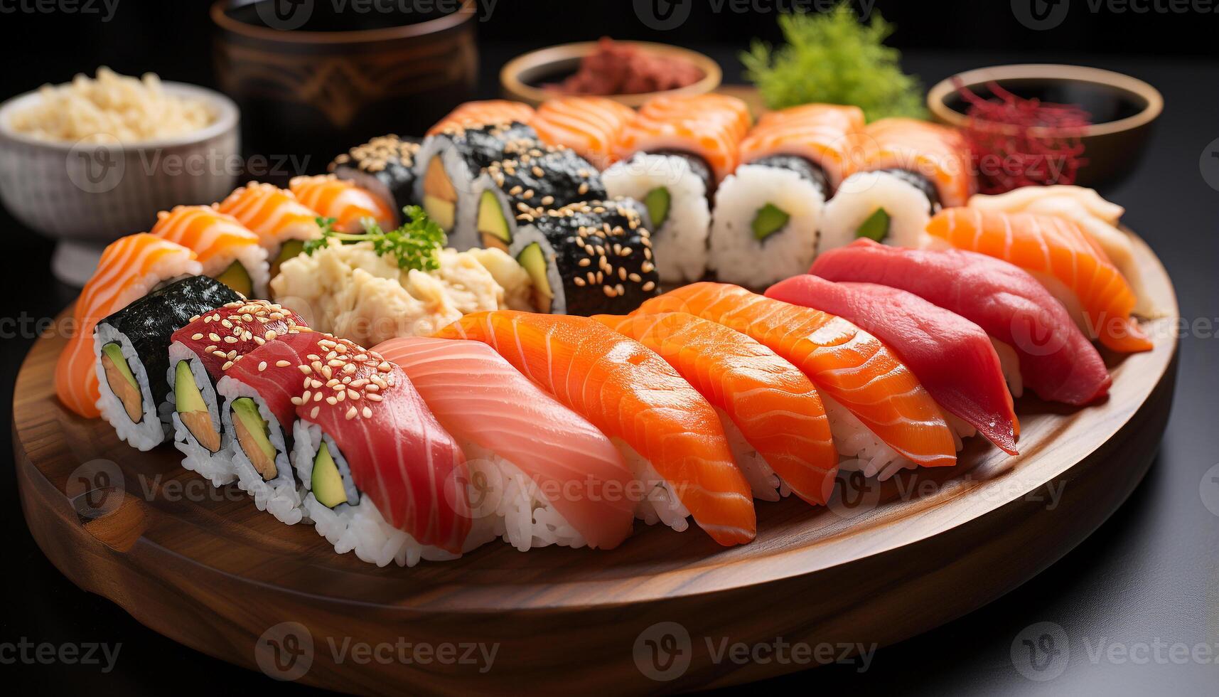 ai generiert Frische und Kulturen auf ein Teller Sushi, sashimi, und maki generiert durch ai foto
