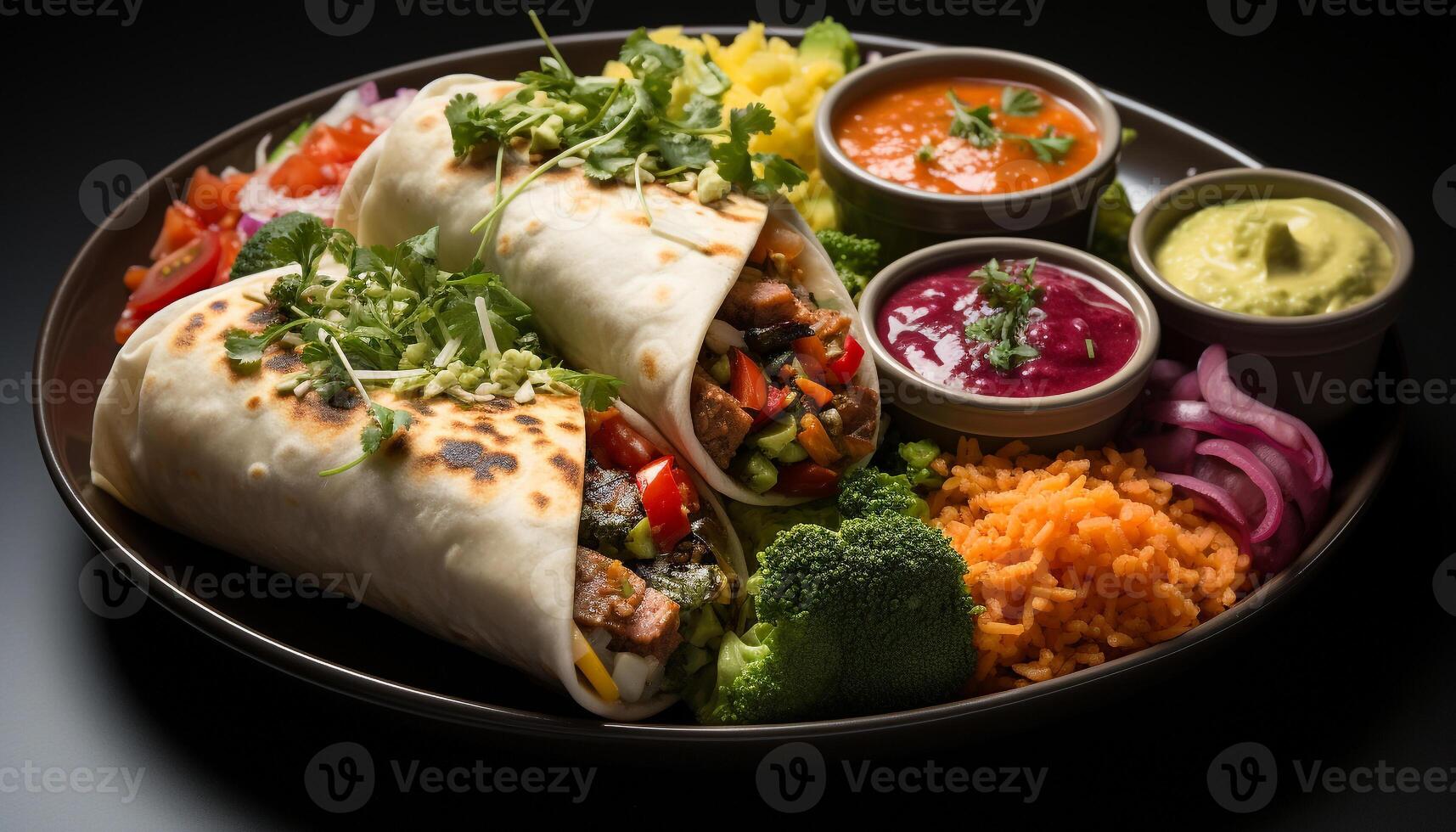ai generiert gegrillt Rindfleisch Taco mit Guacamole, Tomate, und Koriander auf Tortilla generiert durch ai foto
