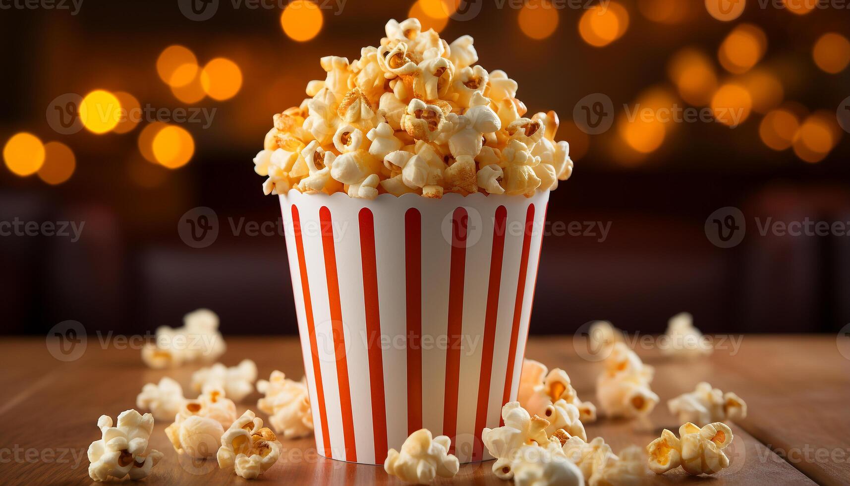 ai generiert hingeben im Film Theater Erfrischungen Süss Popcorn im gestreift Eimer generiert durch ai foto