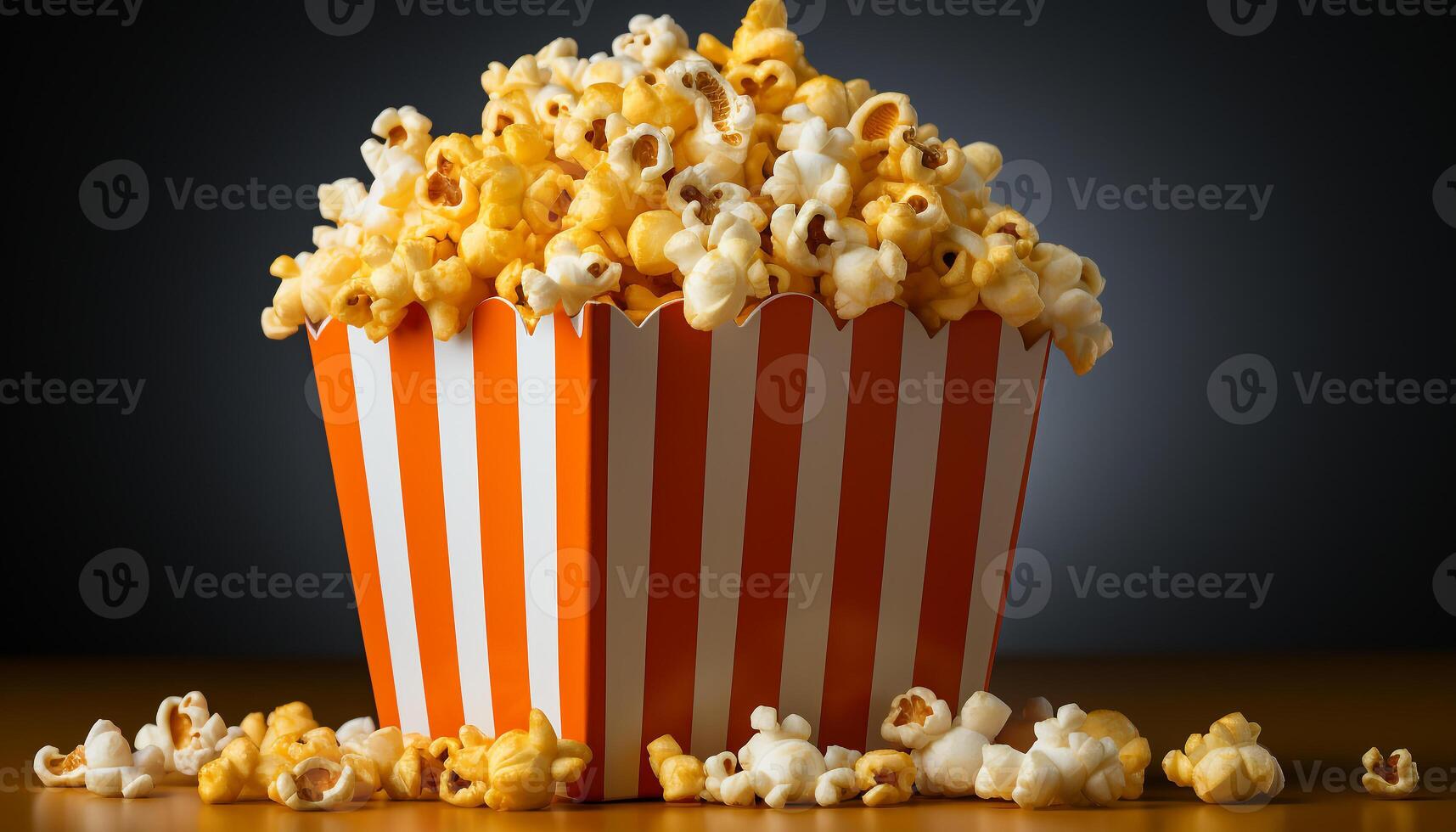 ai generiert Aufpassen Film, Essen Popcorn, im ein gestreift Film Theater Sitz generiert durch ai foto