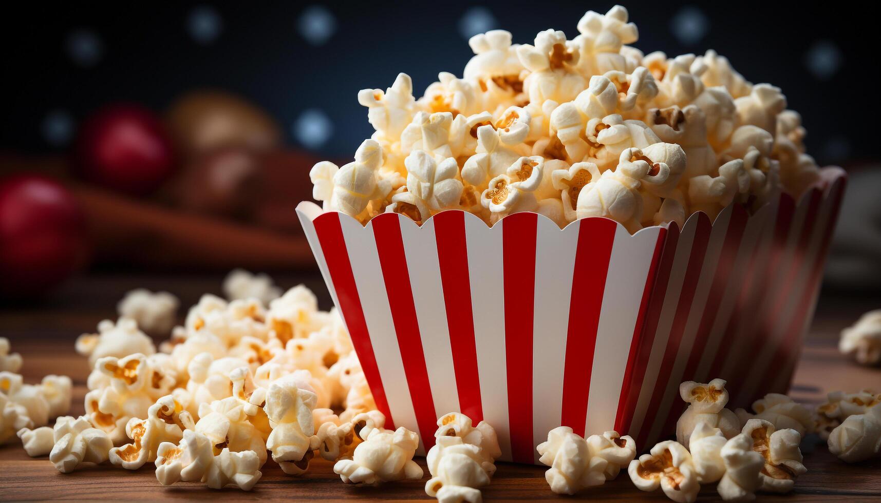 ai generiert frisch Popcorn im gestreift Eimer, perfekt Film Theater Snack generiert durch ai foto