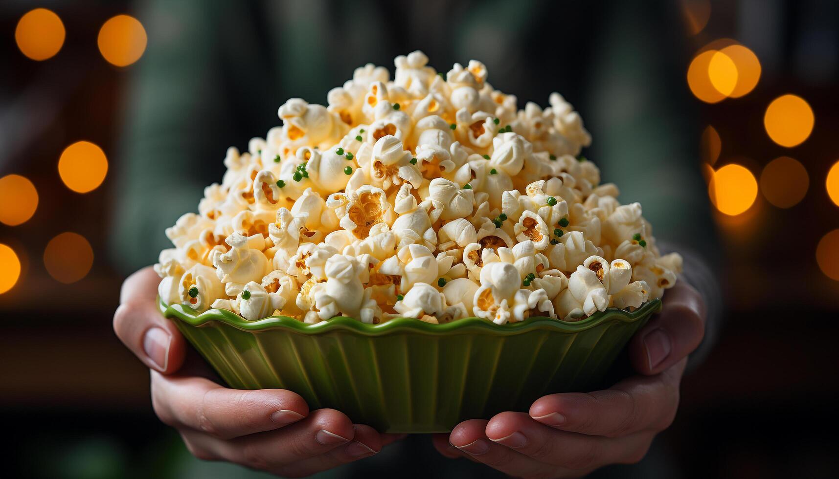 ai generiert einer Person halten ein Snack, genießen ein Film drinnen generiert durch ai foto