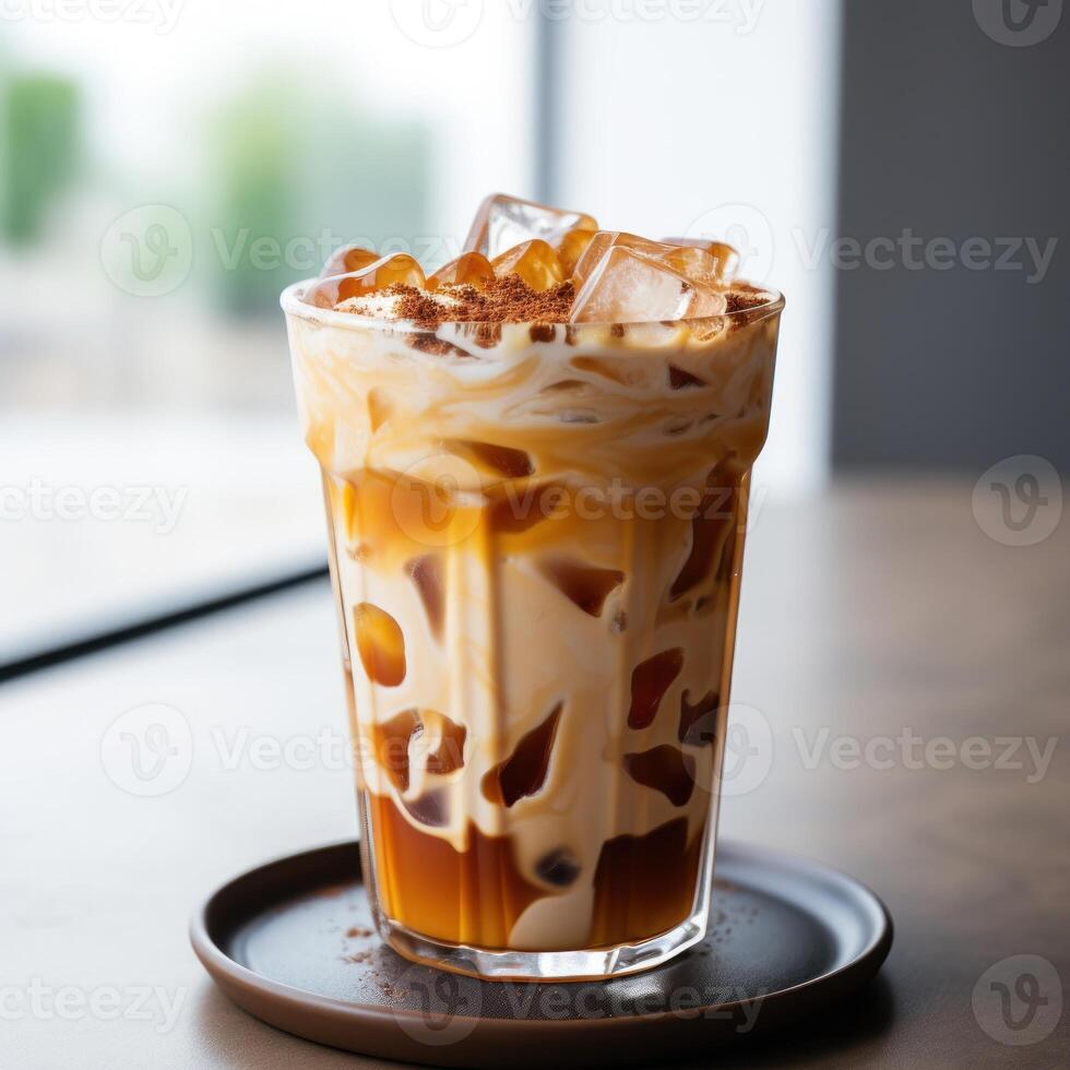 ai generiert Eis Kaffee Glas. cool Cappuccino, Latté, eben Weiss, Americano mit Milch. vereist erfrischend trinken. kalt Koffein Getränk. foto
