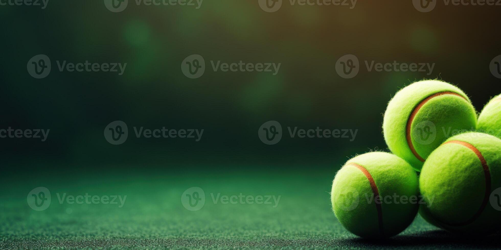 ai generiert Sport Komposition Tennis Ball auf Tennis Gras Gericht, Grün Hintergrund mit Kopieren Raum. gesund Lebensstil Konzept foto