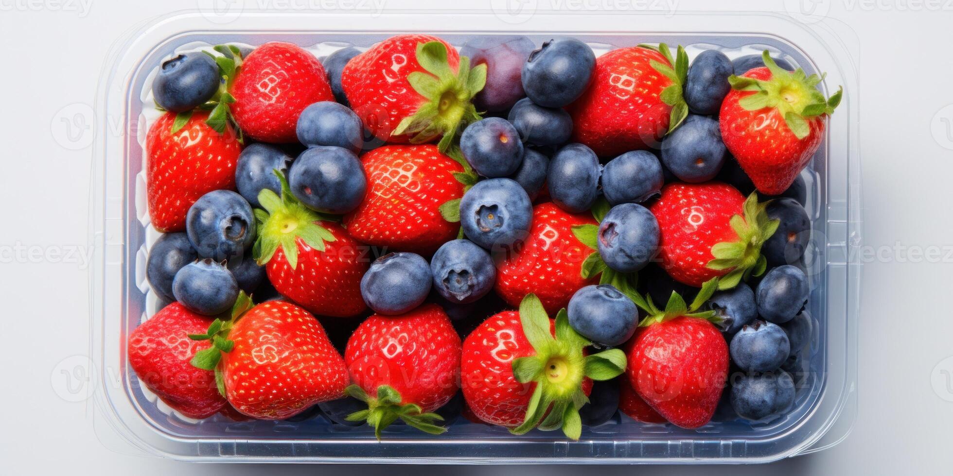 ai generiert gesund Ernährung, frisch roh Beeren im Plastik Container. gemischt Blaubeeren und Erdbeeren. generativ ai foto